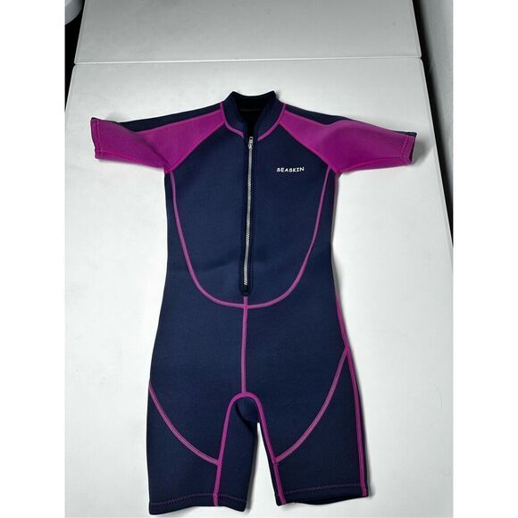 Seaskin Kids Wetsuit 2mm Shorty Diving Suit Navy/Pink Size 8 - Picture 1 of 10